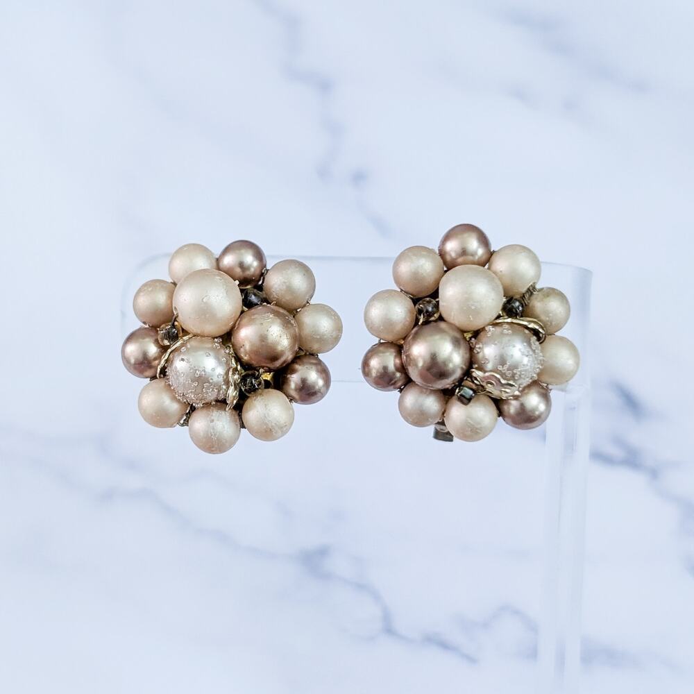 Vintage Clip On Earrings Brassy Tones Cluster - Bent Clip